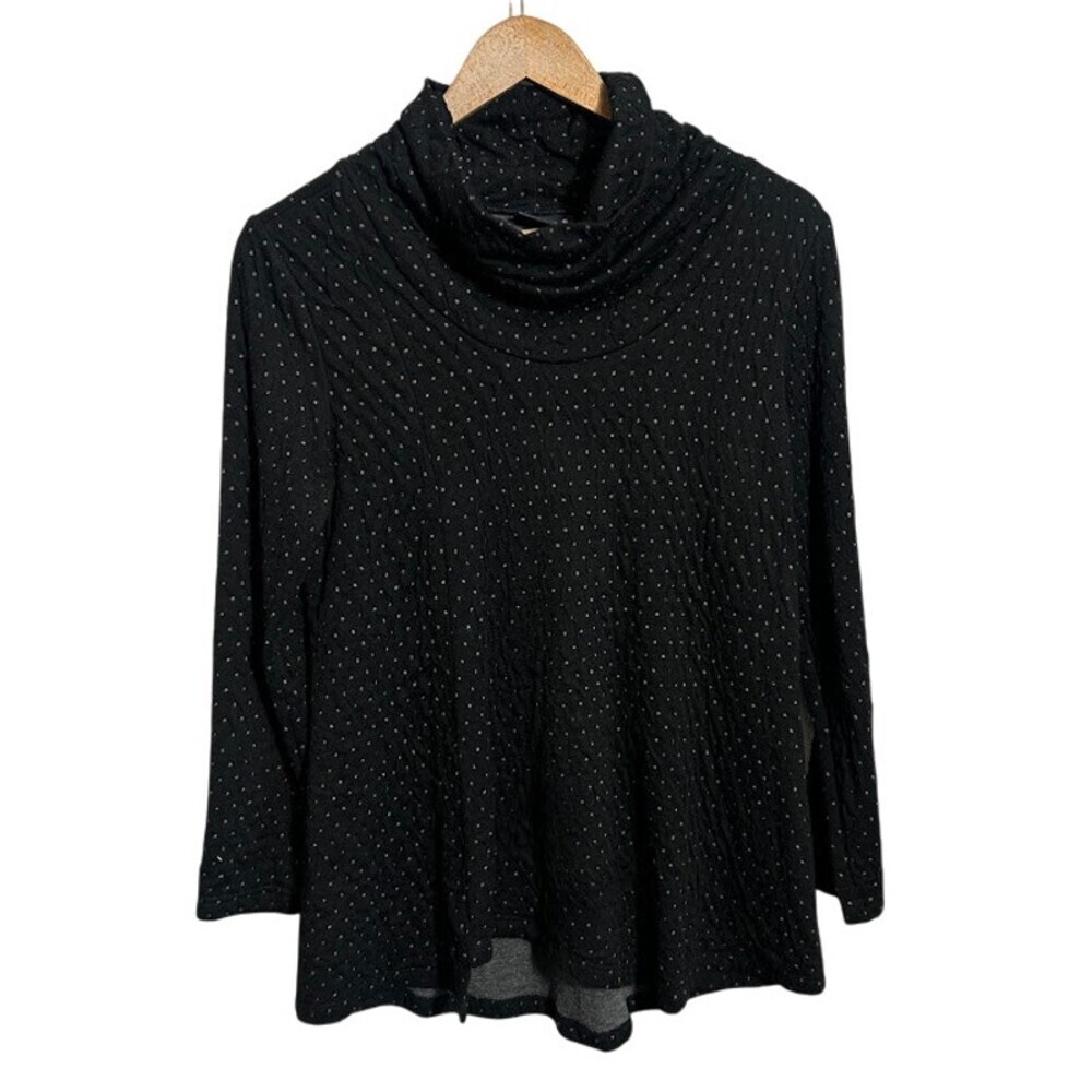 Lisa Bayne Cowl Neck Top S Black Polka Dot Textured Long Sleeve Lagenlook